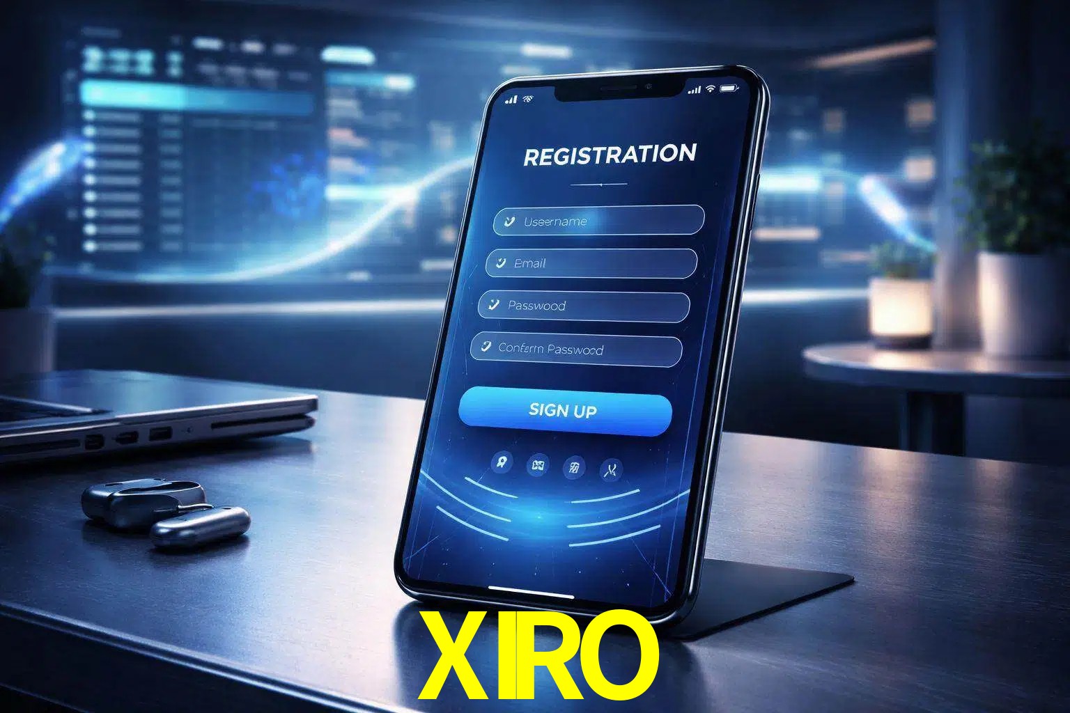Una interfaz moderna de registro móvil para XIRO mostrada en un smartphone con un panel de apuestas elegante.